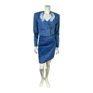 Vintage 90s Disorderly Conduct Denim Cropped Jacket Mini Skirt with Lace Collar